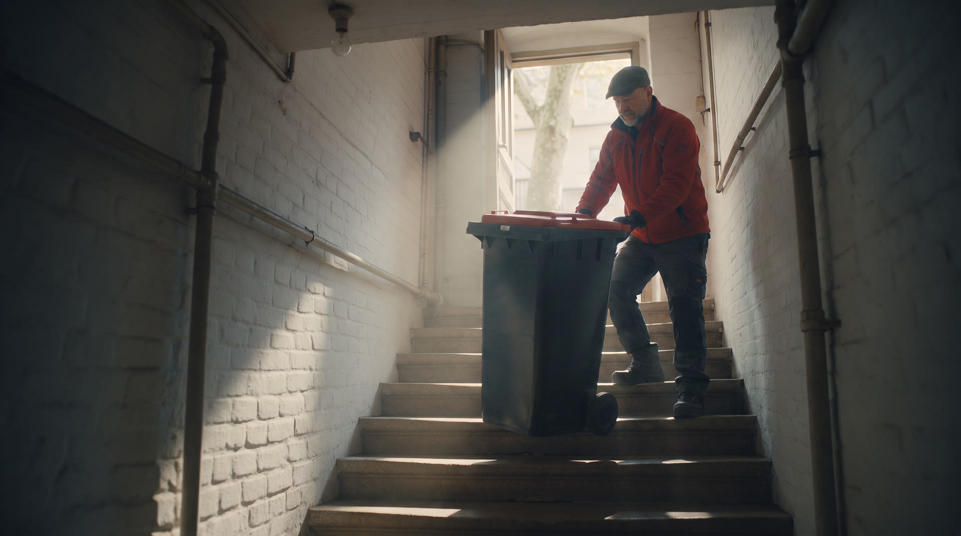 Mitarbeiter zieht eine Mülltonne die Kellertreppe hinauf zum Licht der offenen Haustür.