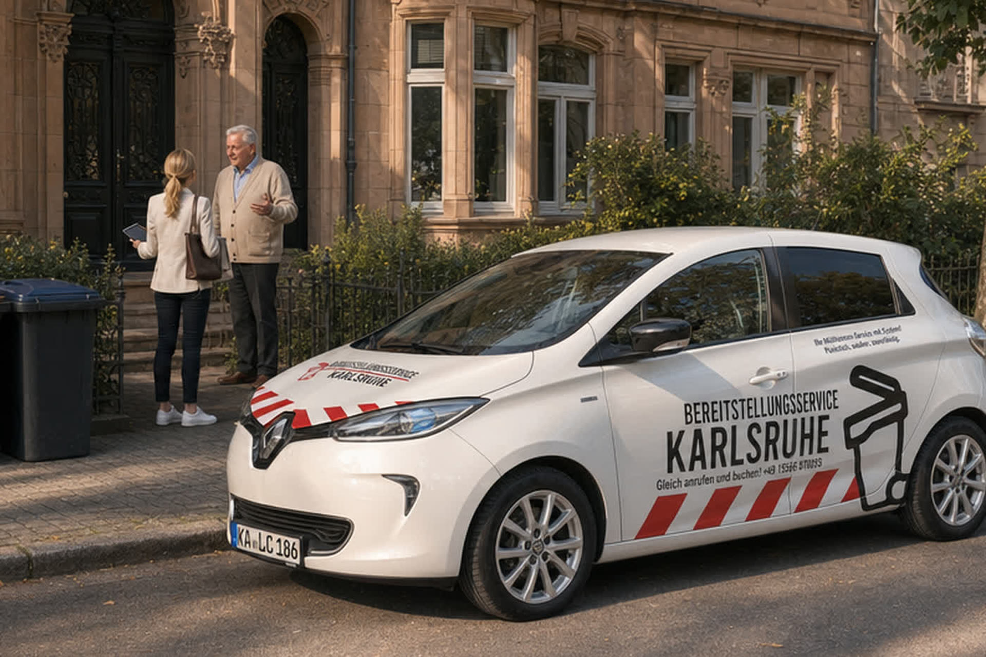 Mitarbeiterin und Kunde im Gespräch vor der Haustür, daneben das Dienstfahrzeug am Bordstein.